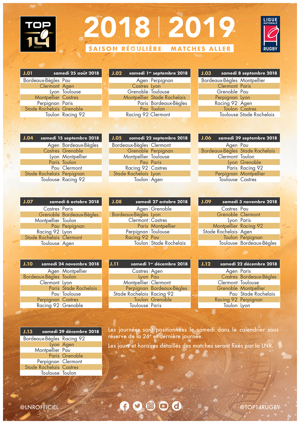 Calendrier Top 14 2018-2019 - phase aller