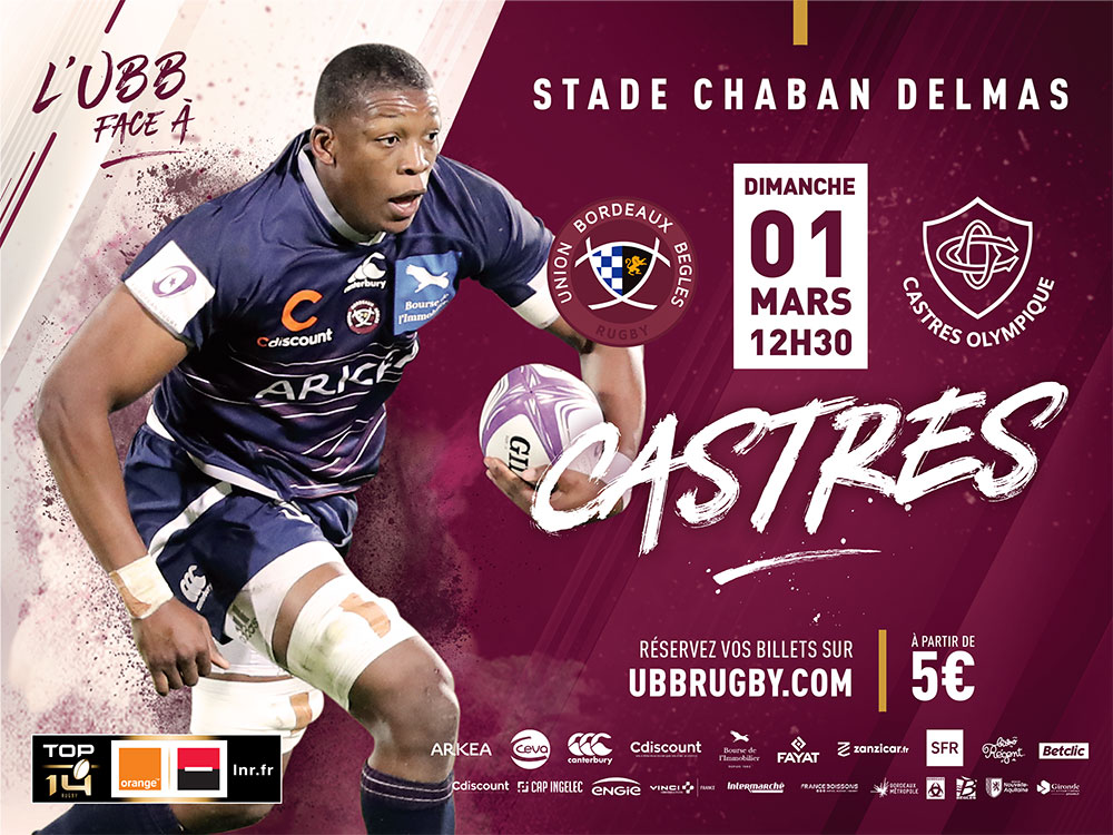 UBB - Castres dimanche 1er mars &agrave; 12h30 &agrave; Chaban