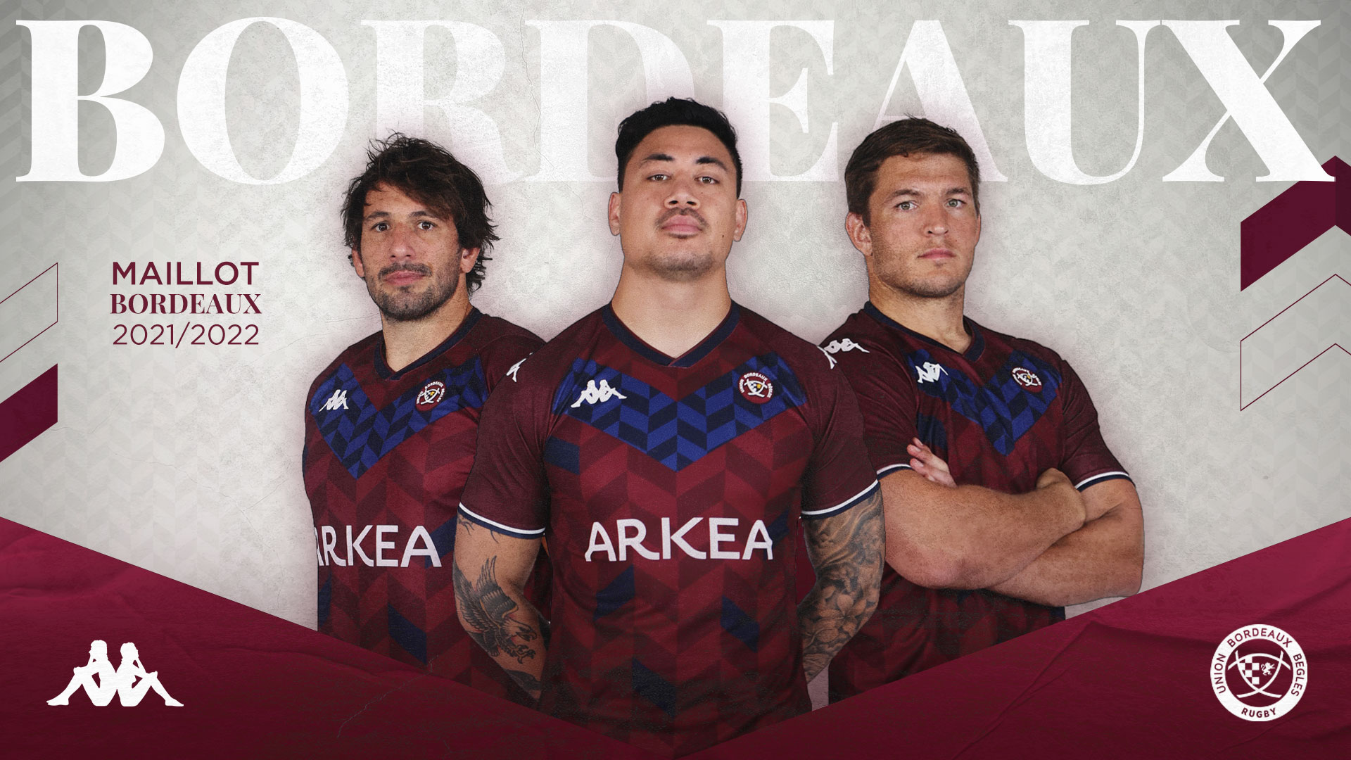 Le maillot Bordeaux de l'UBB avec Ben Lam, R&eacute;mi Lamerat et Jandre Marais