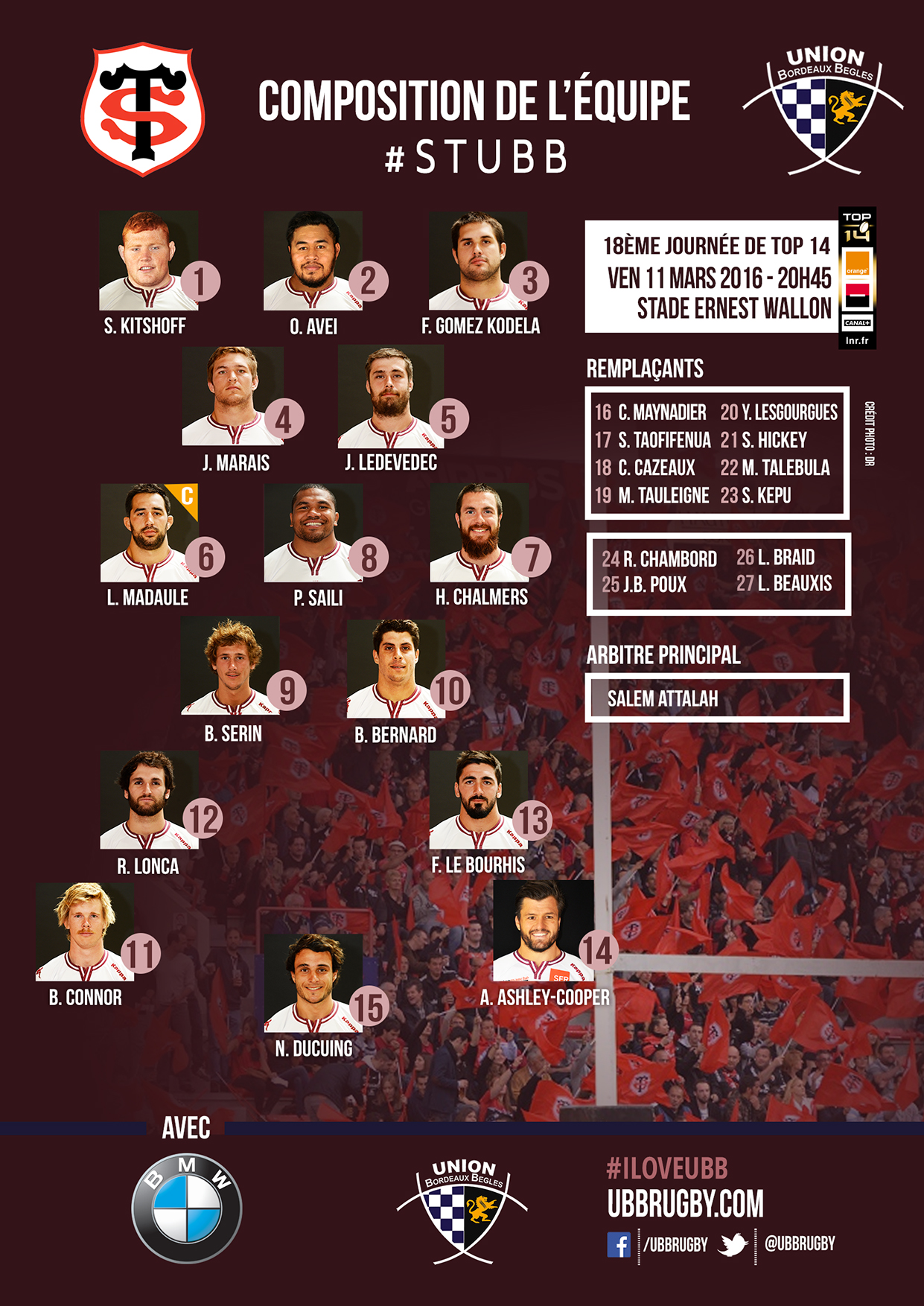 Composition Stade Toulousain - UBB Top 14 saison 2015-2016