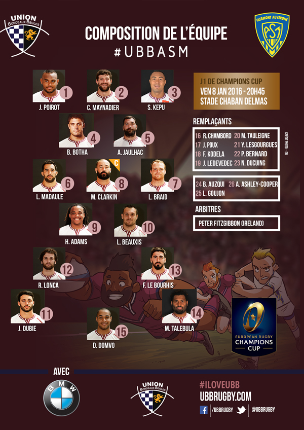 Composition UBB RUGBY Champions Cup contre ASM Clermont Auvergne saison 2015-2016
