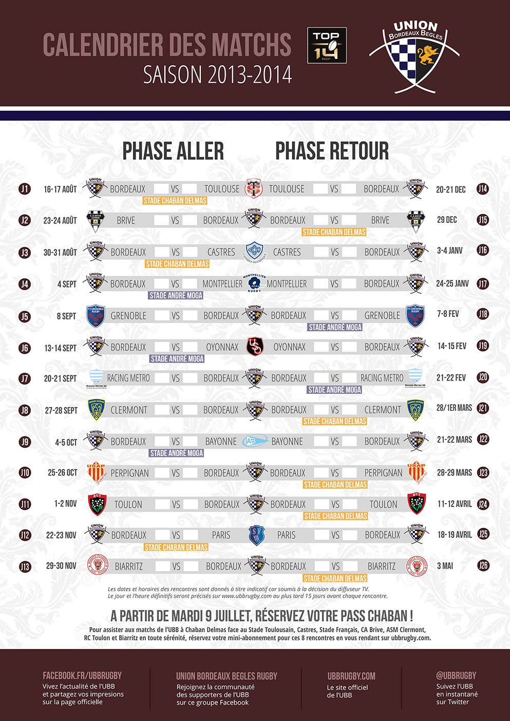 Calendrier UBB TOP14 2013-2014 