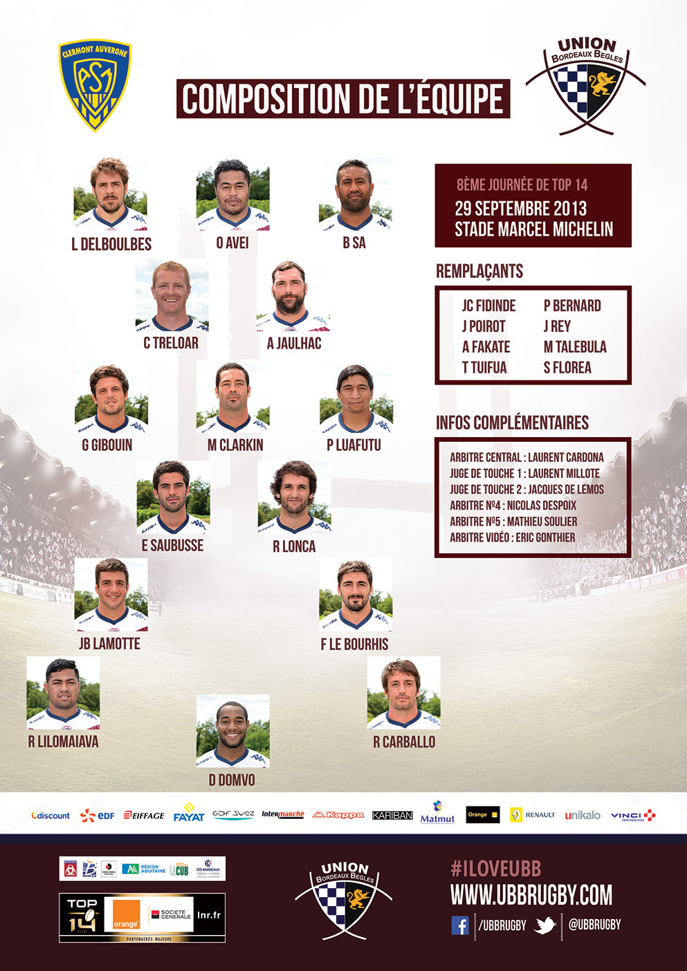 Composition &eacute;quipe ASM Clermont Auvergne vs Union Bordeaux B&egrave;gles