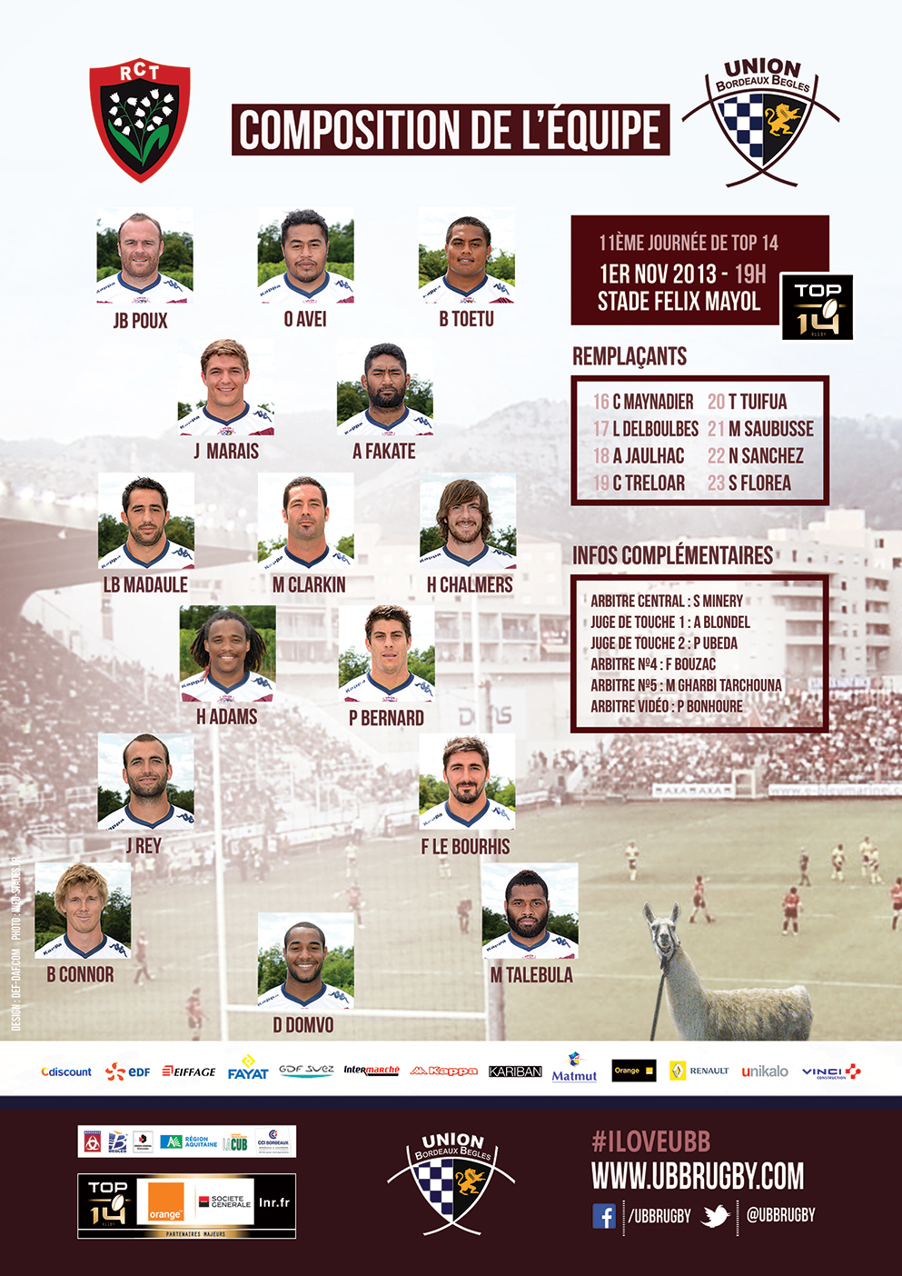 Union Bordeaux Bègles saison 2013-2014 RCT - UBB Rugby Top14 RC Toulon UBB Composition d'équipe saison 2013-2014