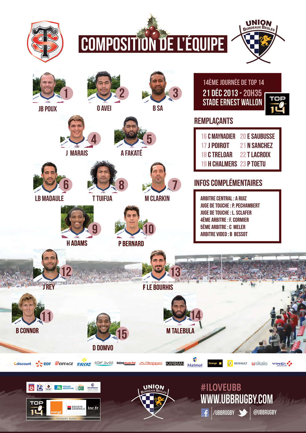 Composition de l'&eacute;quipe UBB face au Stade Toulousain