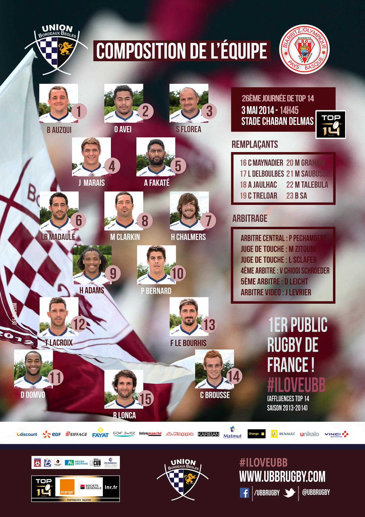 Composition de l'UBB - Biarritz Olympique saison 2013-2014 - Top 14 Composition de l'UBB - Biarritz Olympique saison 2013-2014 - Top 14