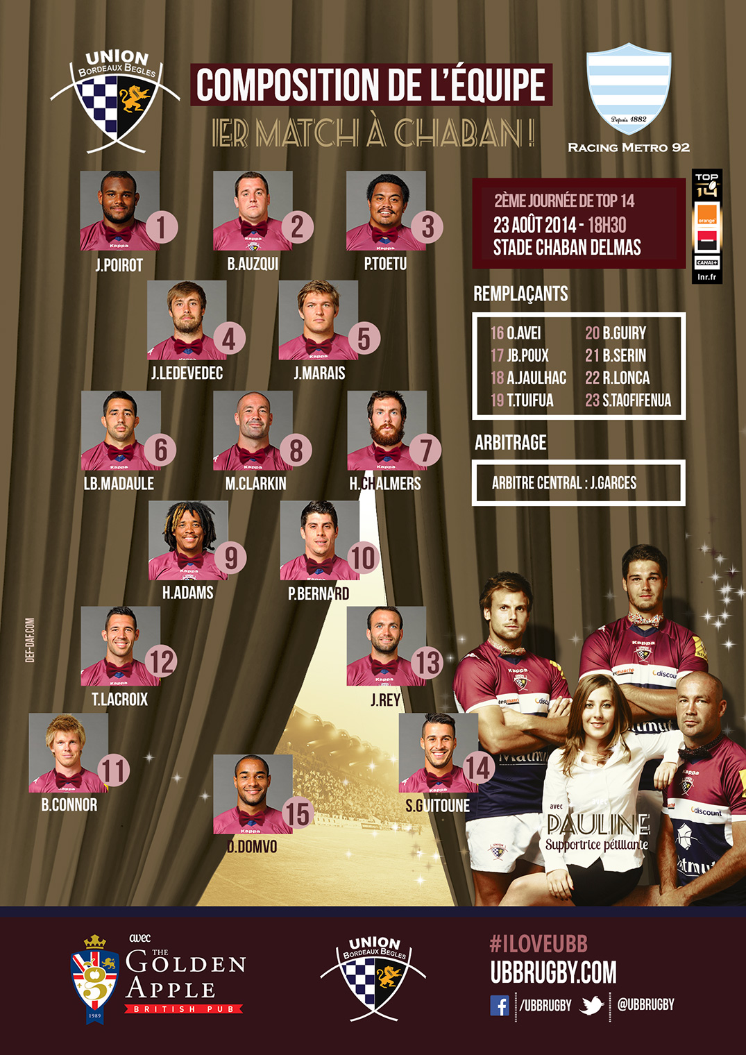 composition UBB - RACING - SAISON 2014-2015