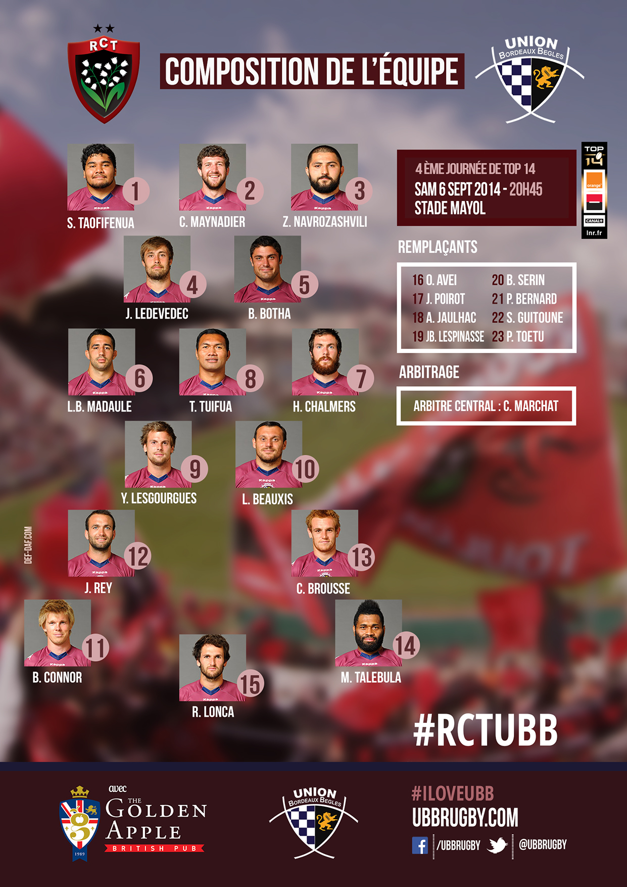 COMPOSITION EQUIPE RCT - UBB SAISON 2014-2015 TOP 14