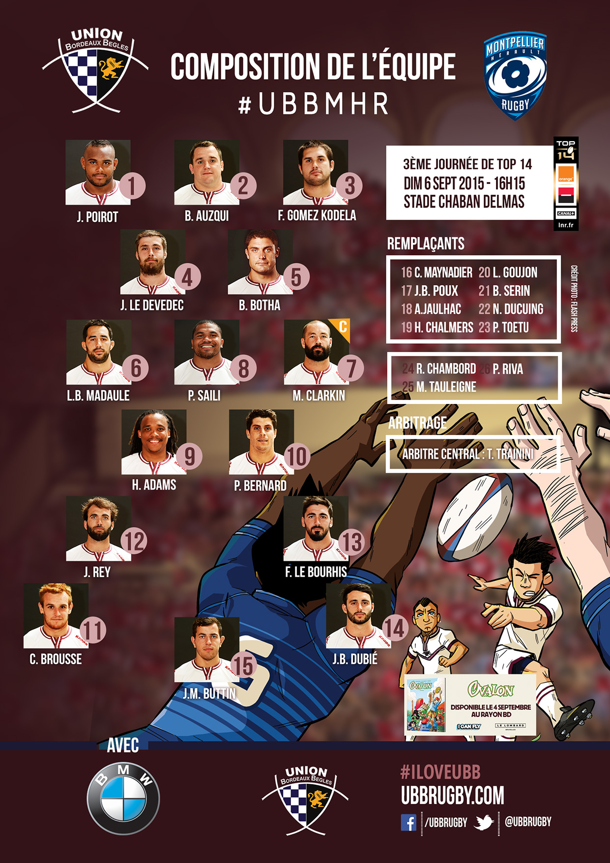 Composition UBB - MHR SAISON 2014-2015 - TOP 14 RUGBY
