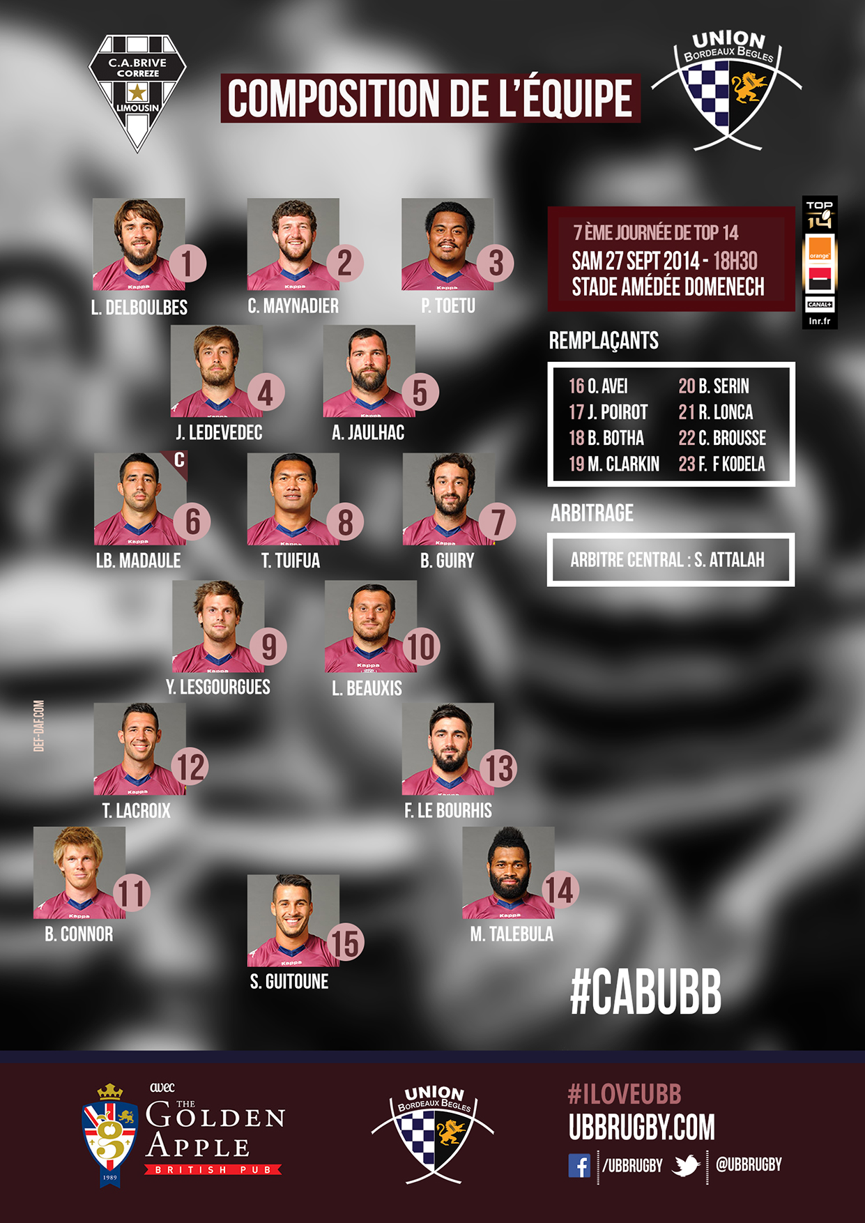Composition CAB - UBB saison 2014-2015 - Top 14