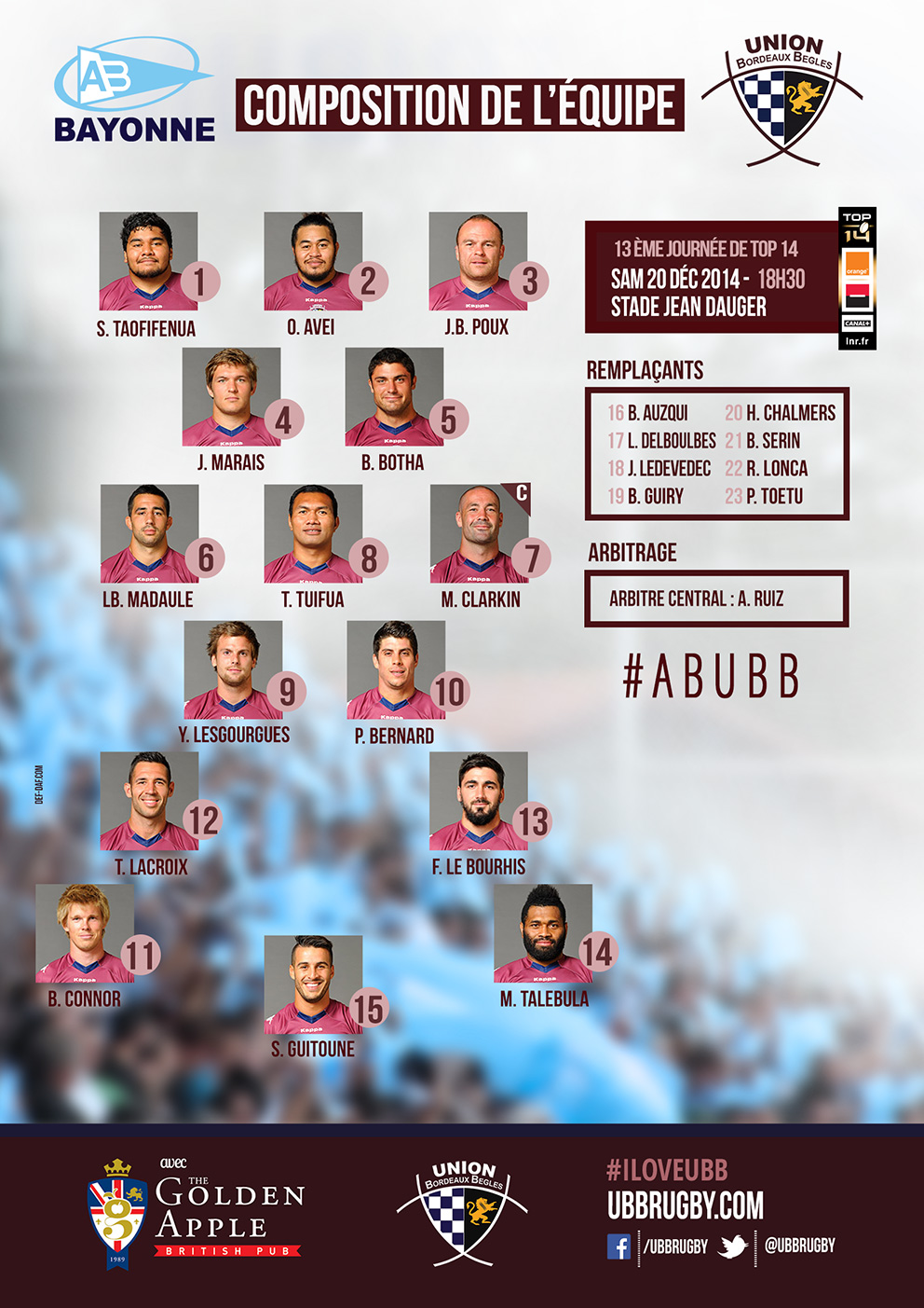 Compo Aviron Bayonnais Union Bordeaux Bègles saison 2014 - 2015 top 14 Composition AB - UBB saison 2014-2015 top 14