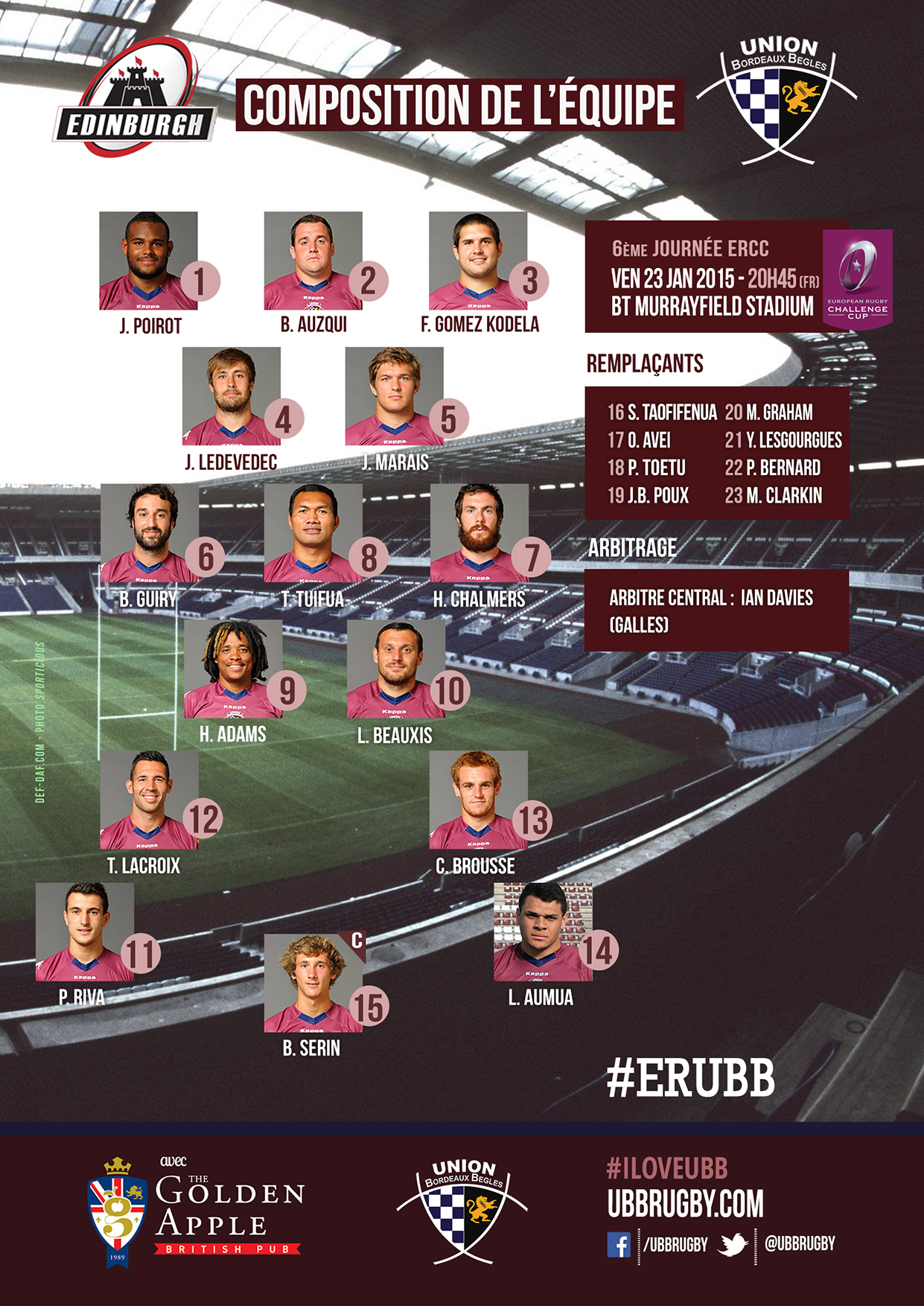 Composition &eacute;quipe Edimbourg - UBB Rugby Challenge Cup 2015