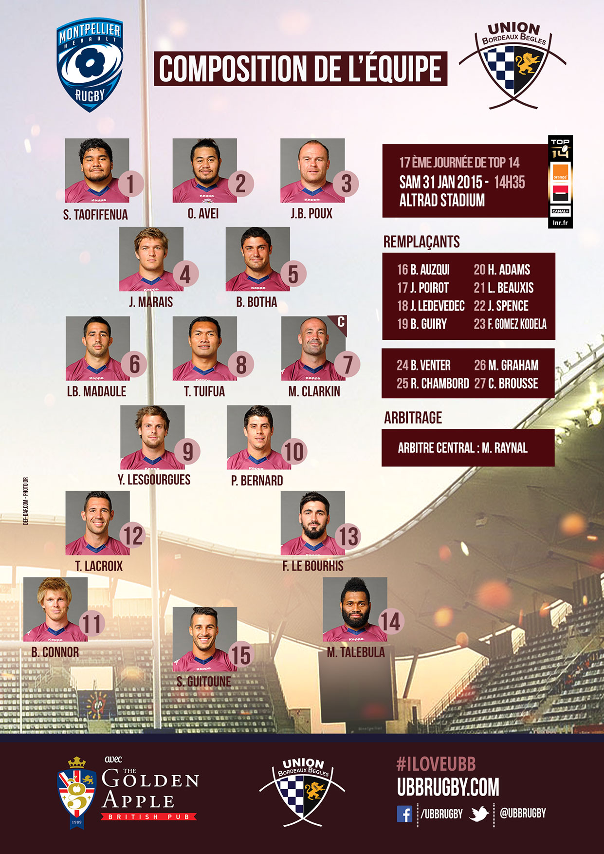Composition MHR - Union Bordeaux Bègles - saison Top 14 - 2014-2015 Composition MHR - UBB - saison Top 14 - 2014-2015