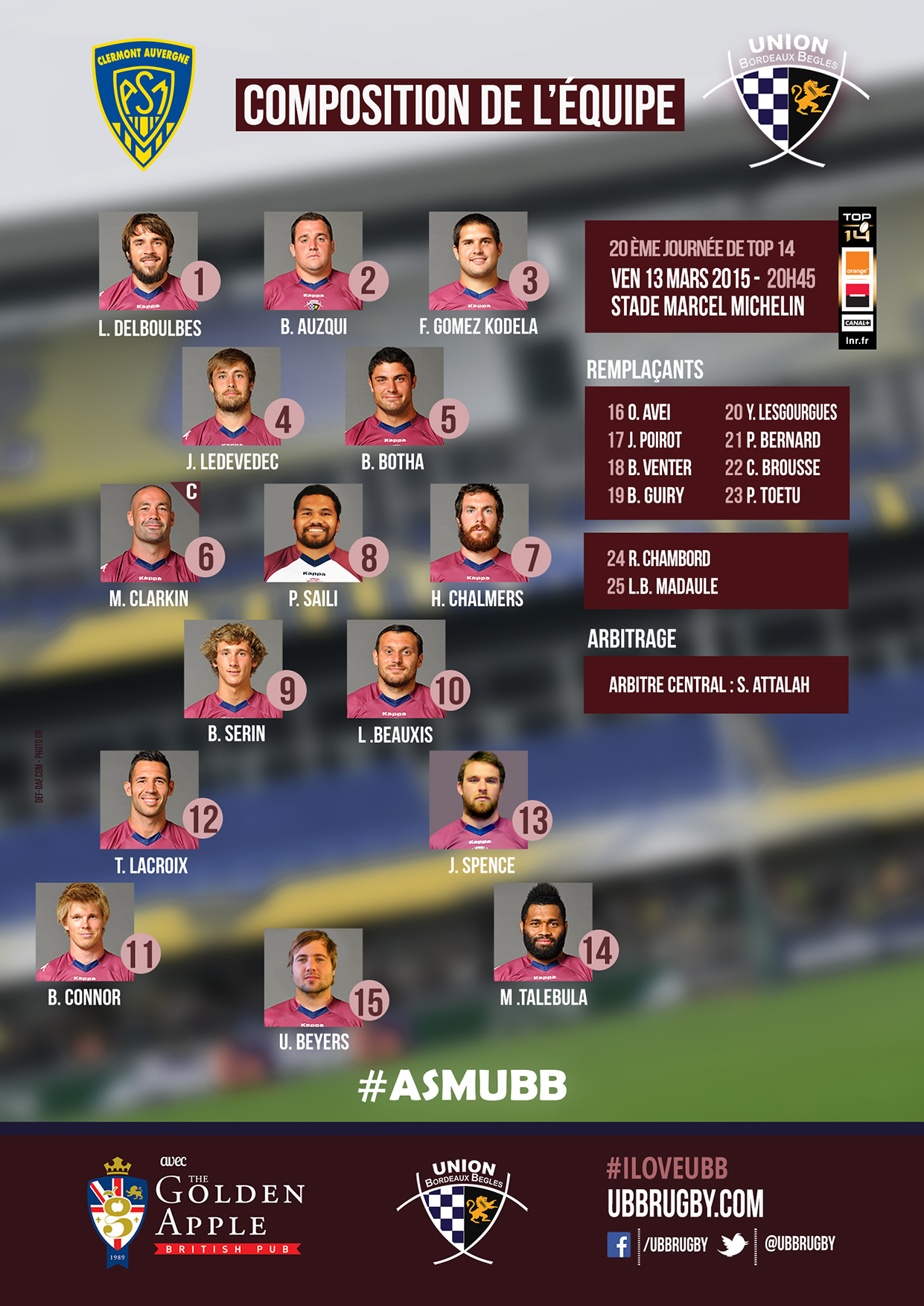 composition ASM UBB saison 2014-2015 - Top 14
