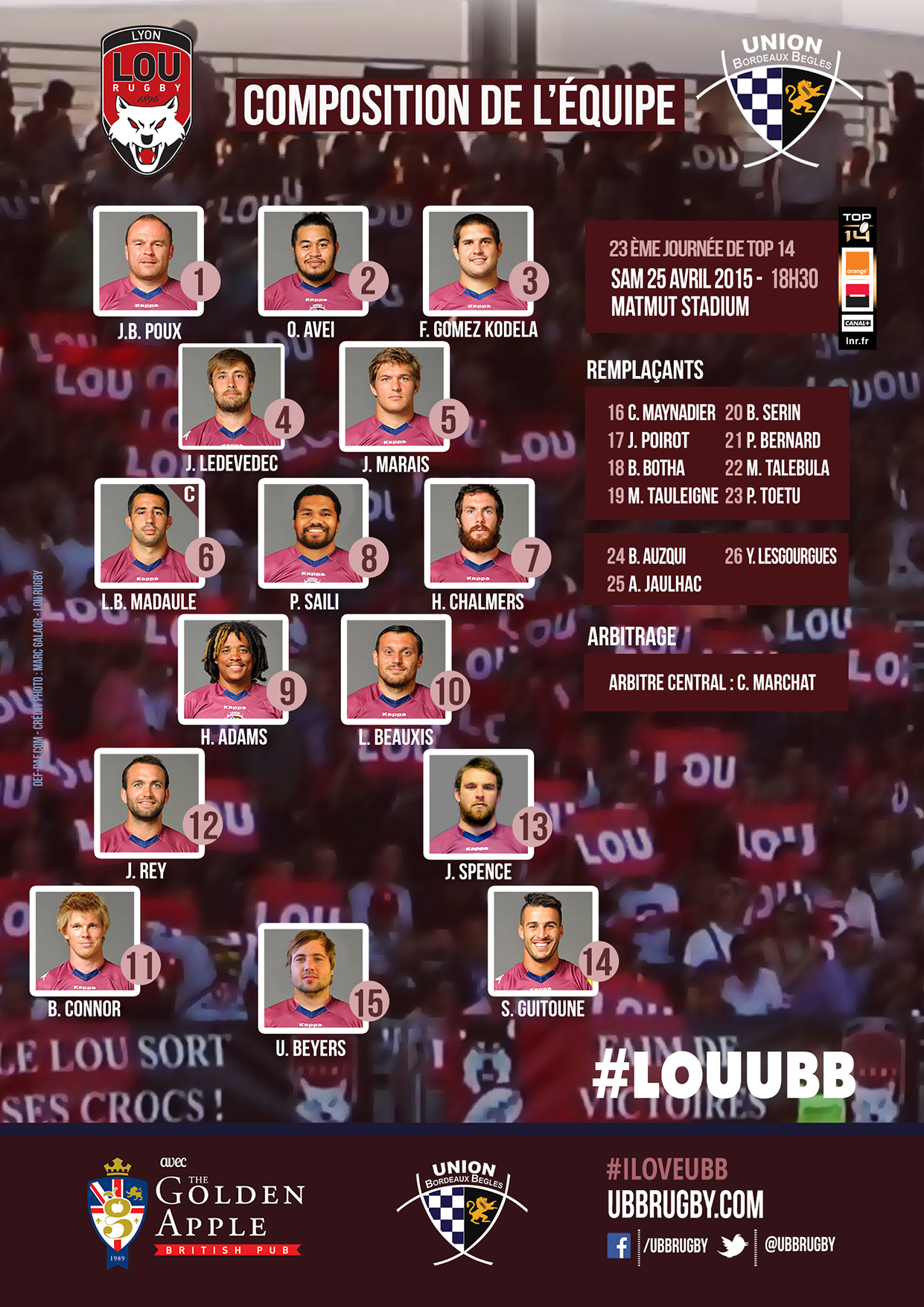 Composition LOU - RUGBY - Top 14 saison 2014-2015 Composition LOU - RUGBY - Top 14 saison 2014-2015