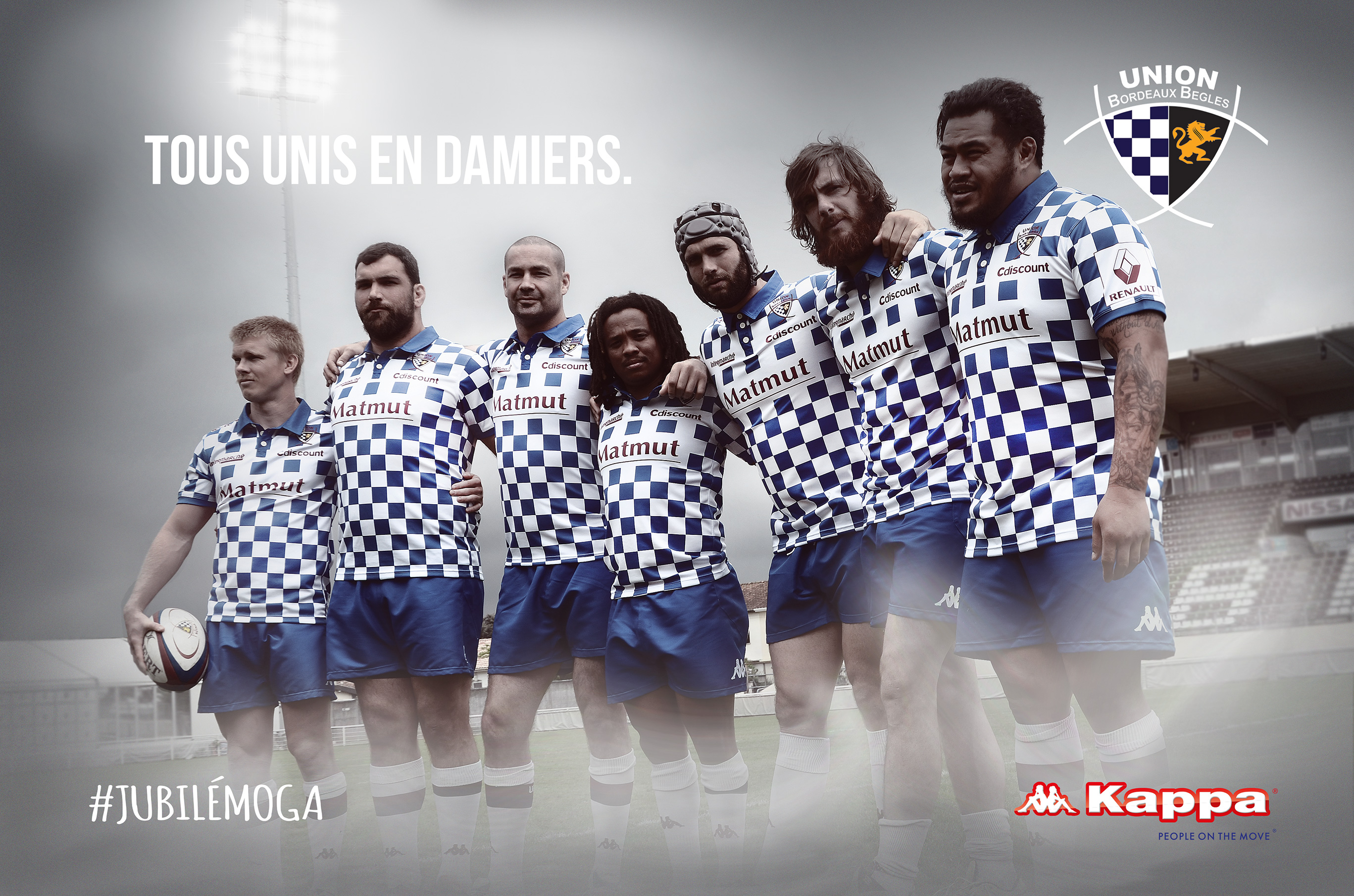 Photo maillots collector &agrave; damiers pour le Jubil&eacute; Moga le 9 mai 2015 au stade Andr&eacute; Moga 