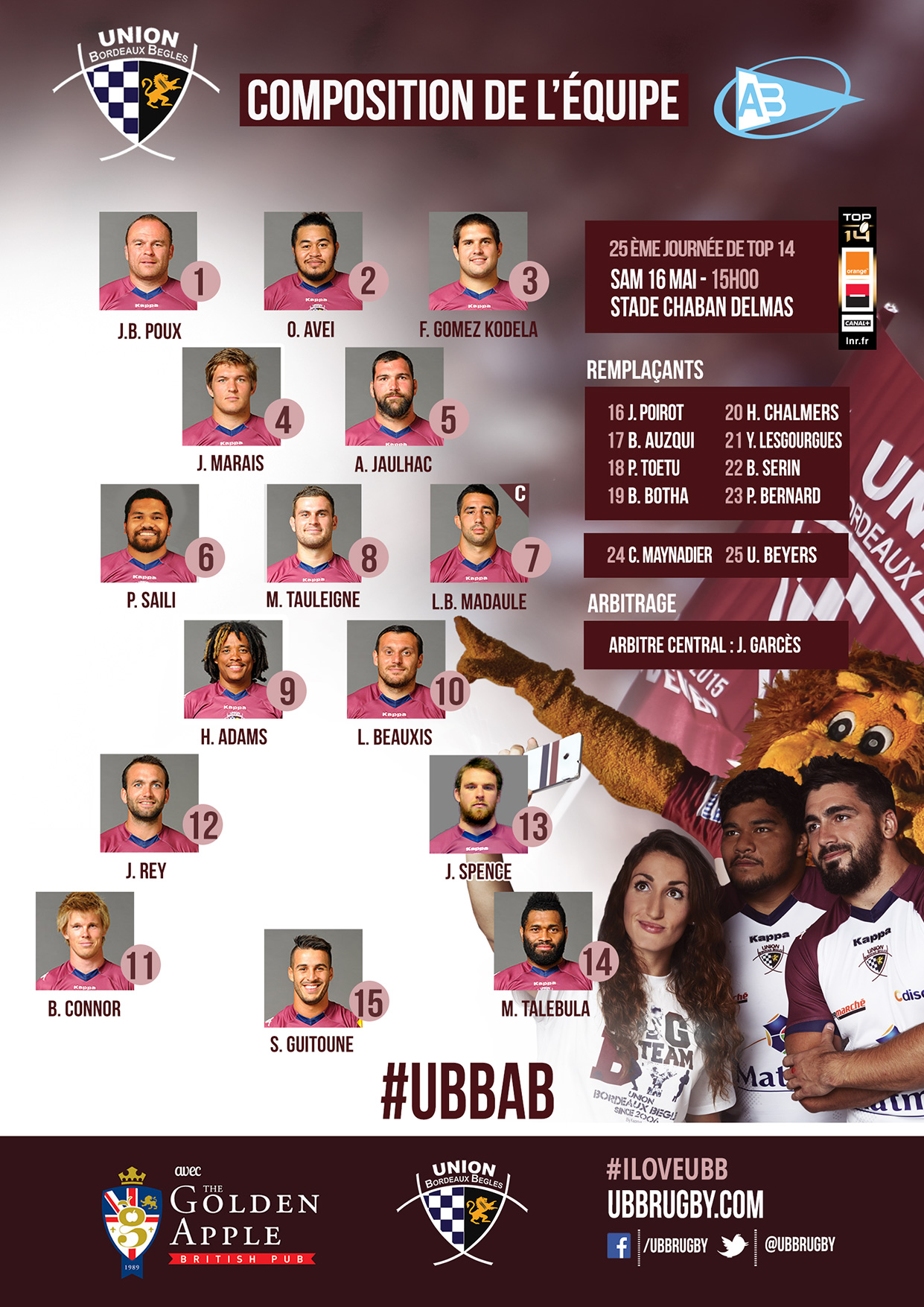 Top 14 - Composition UBB - Aviron Bayonnais - saison 2014-2015