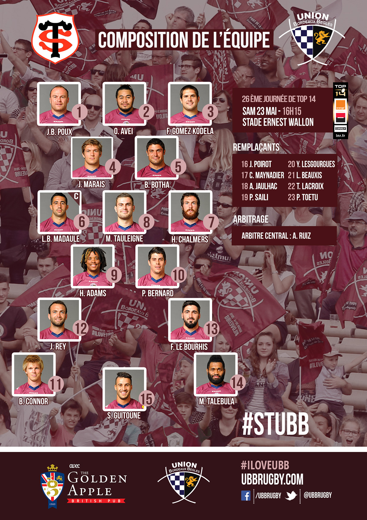Composition Stade Toulousain - UBB - Top 14 2014-2015