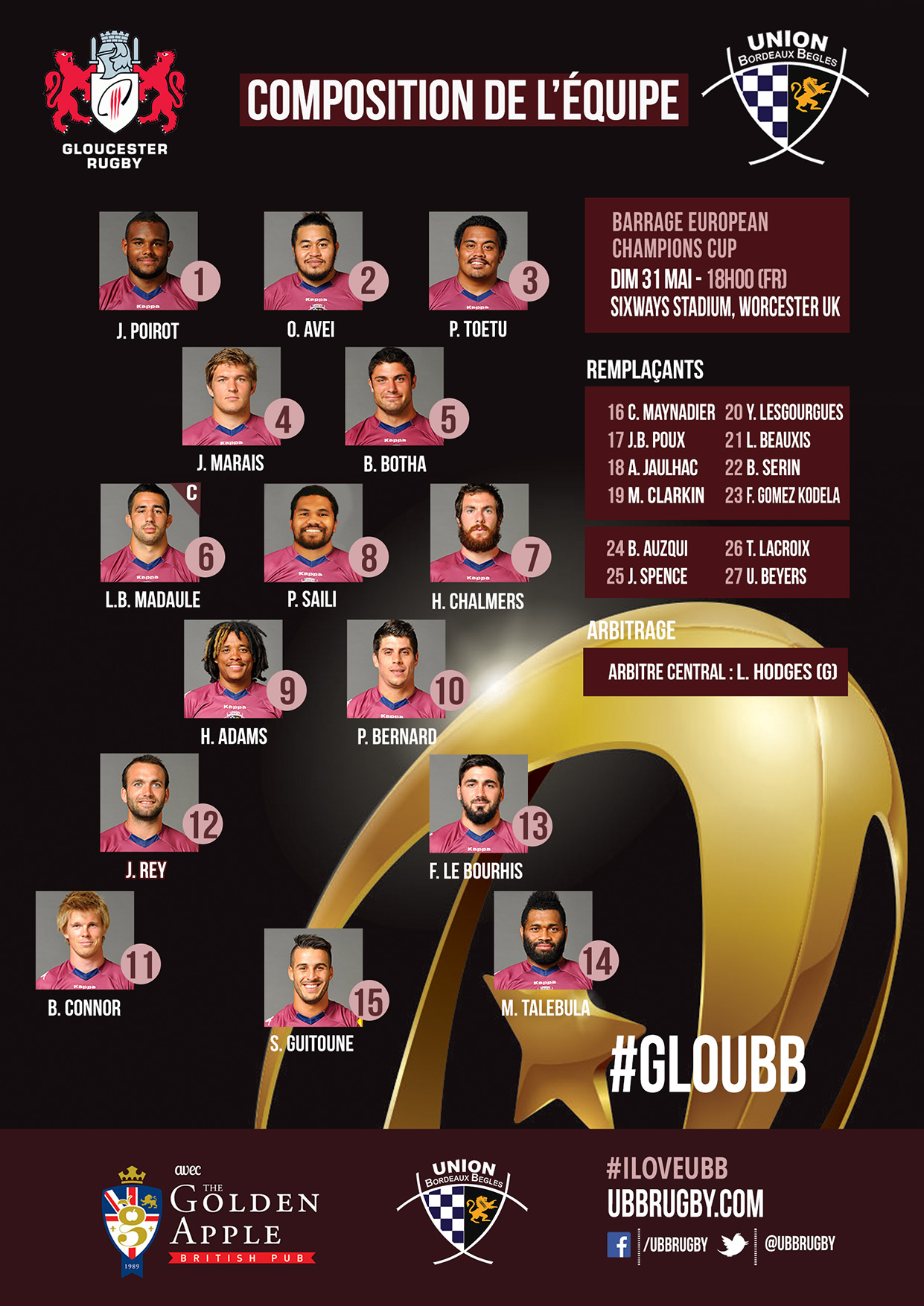 Composition Gloucester UBB Barrage Européen Champions Cup 2015 Composition Gloucester UBB Barrage Européen Champions Cup 2015