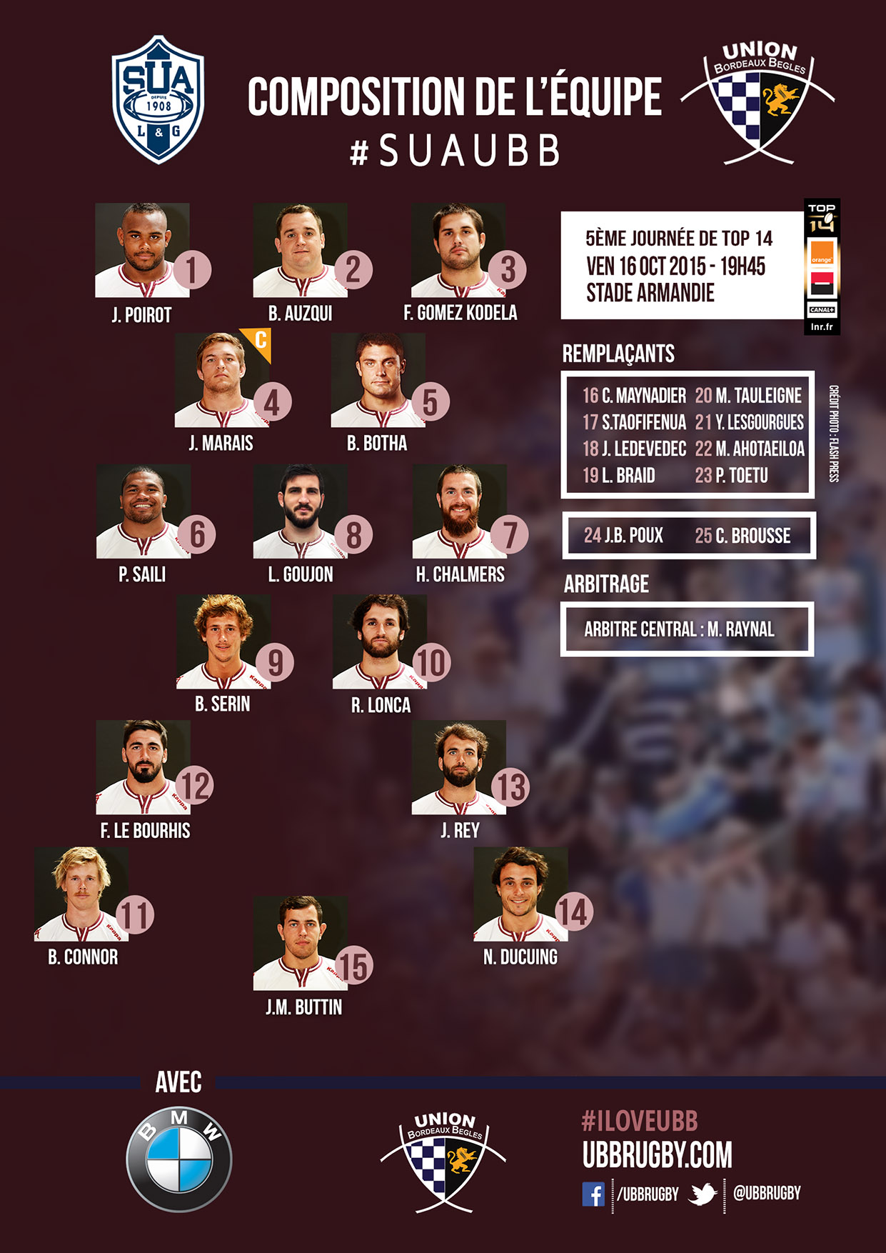 composition de l'UBB face au SU Agen saison Top 14 2015-2016
